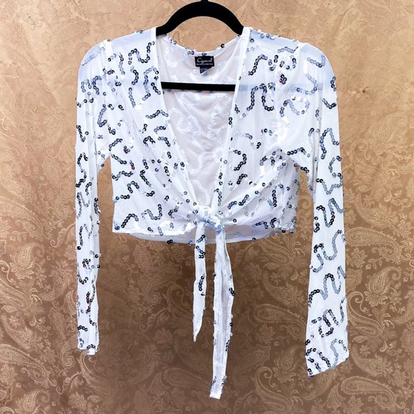 90s Y2k Women's Sequin Luxury Shrug Cejon Tie Front Mesh Crop Top - Picture 2 of 12